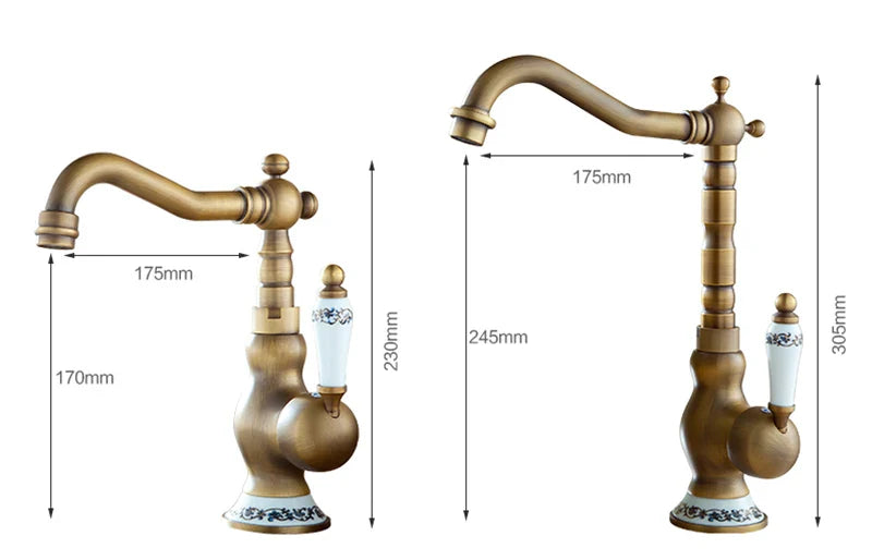 Robinet de cuisine pour évier antique avec céramique et motifs fleurs vintage